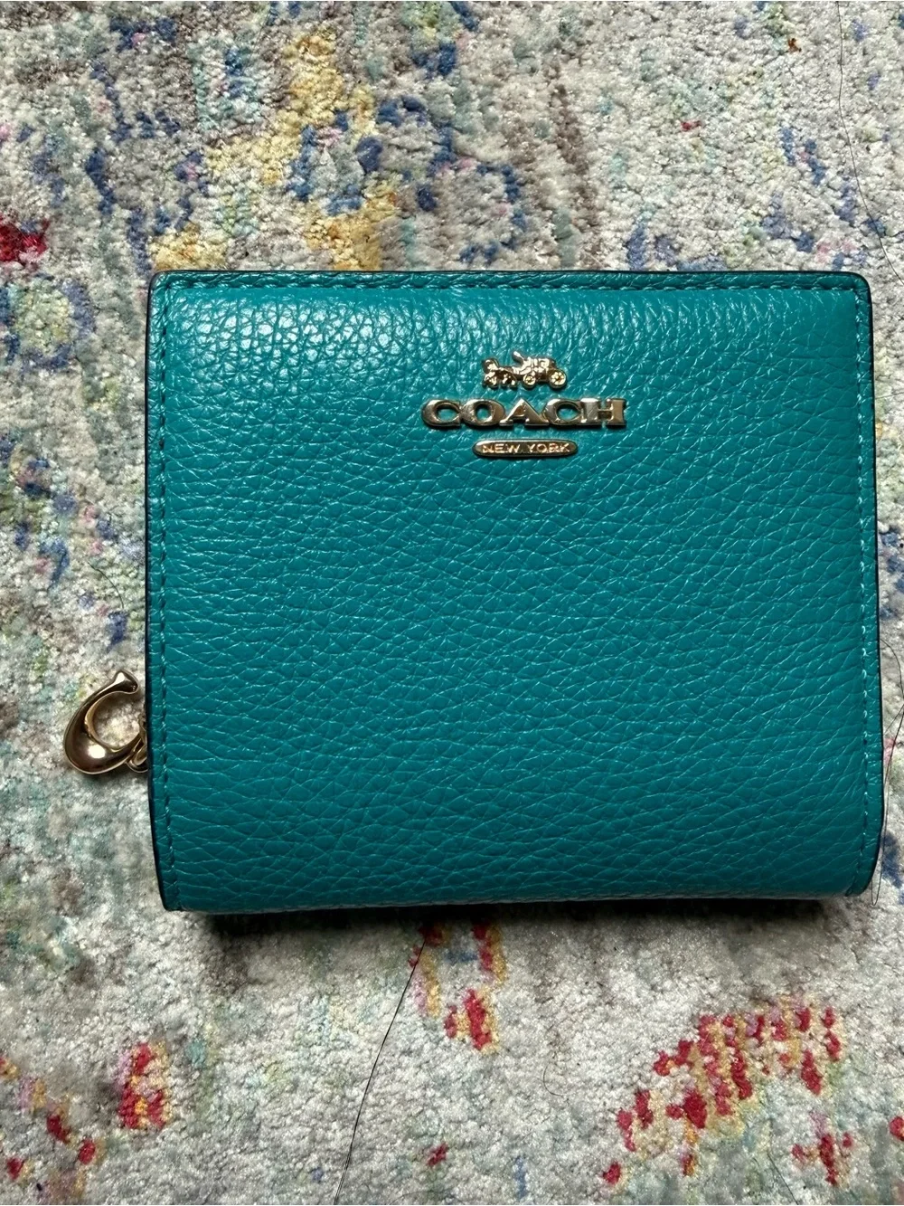 Coach Teal Pebbled Leather Compact Wallet with Gold Logo